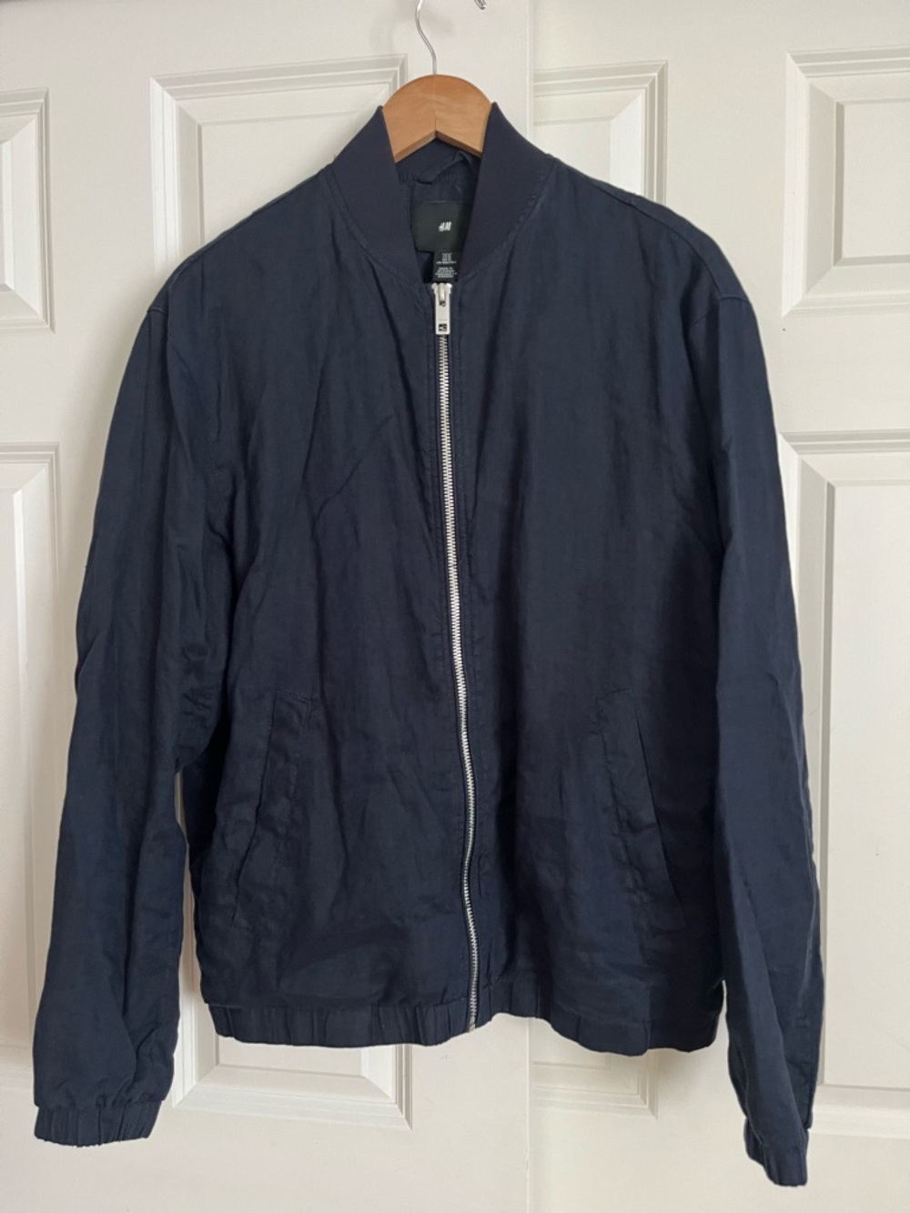 H&M Men's Navy Blue Bomber Jacket with Silver Zip